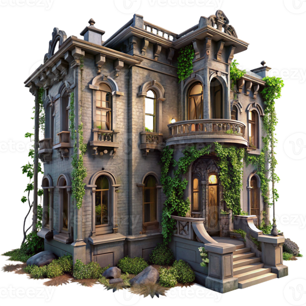 elegant contemporary An abandoned Art Nouveau mansion, intricate ironwork and decaying facade, overgrown with ivy, melancholic and romantic mood, twilight lighting detailed png