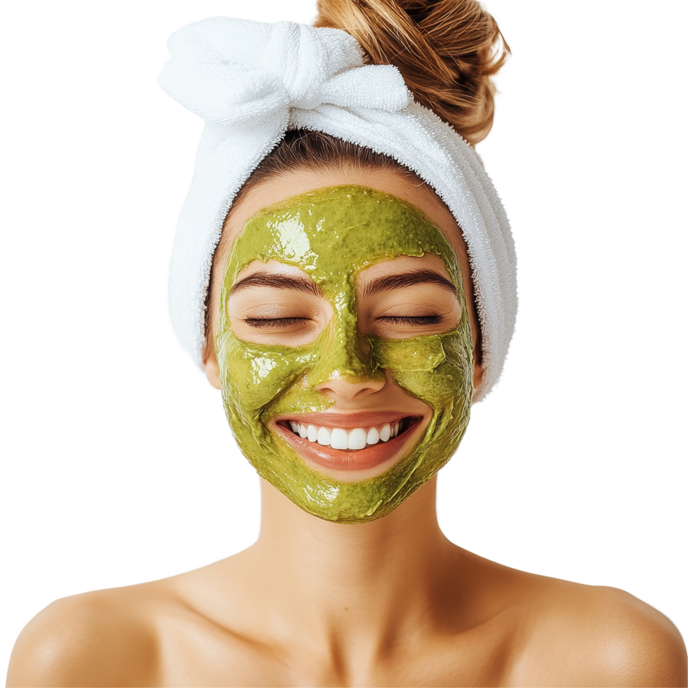 Happy woman enjoying a skincare treatment with avocado face mask in a bright studio, Beauty Skincare and Happy Woman in Studio with Avocado Face Mask on transparent background png