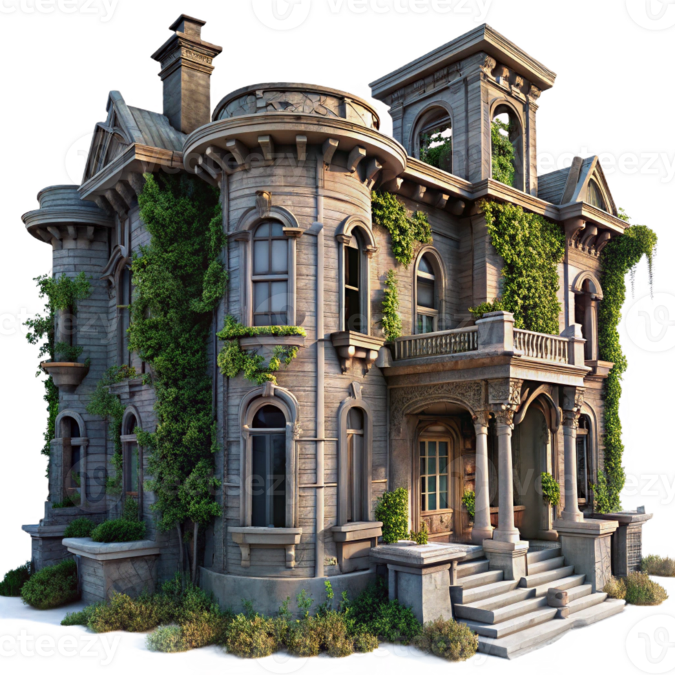 stunning contemporary An abandoned Art Nouveau mansion, intricate ironwork and decaying facade, overgrown with ivy, melancholic and romantic mood, twilight lighting authentic png