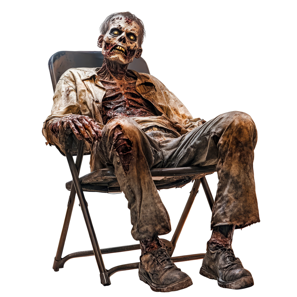 Spooky zombie sitting in a chair with a haunting expression and tattered clothing, isolated against a transparent background, Spooky Zombie Sitting in Chair Isolated on transparent background png