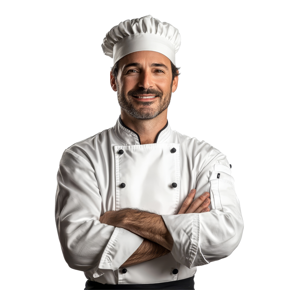Executive chef in a transparent uniform, confidently posing with arms crossed on a clean transparent background, Executive chef on transparent background png