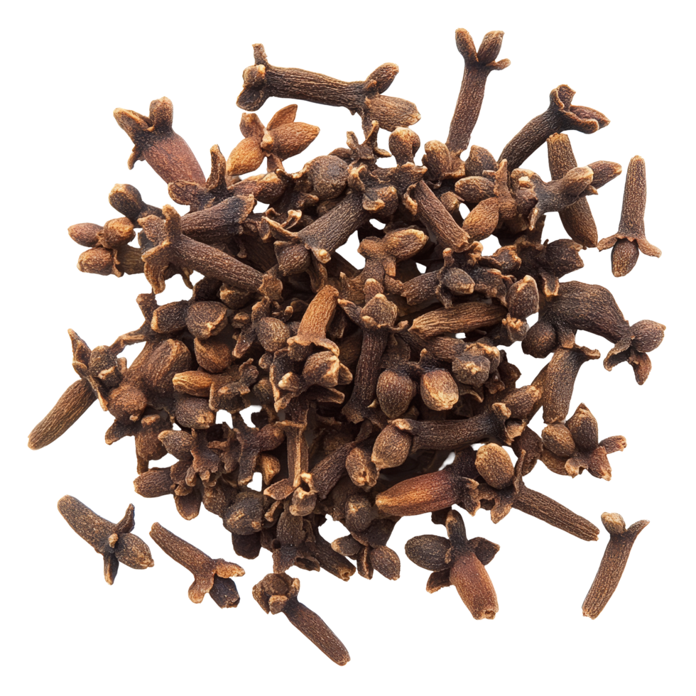 Dried cloves scattered on a transparent background, showcasing their rich brown color and distinct shape, Dry clove isolated on transparent background png