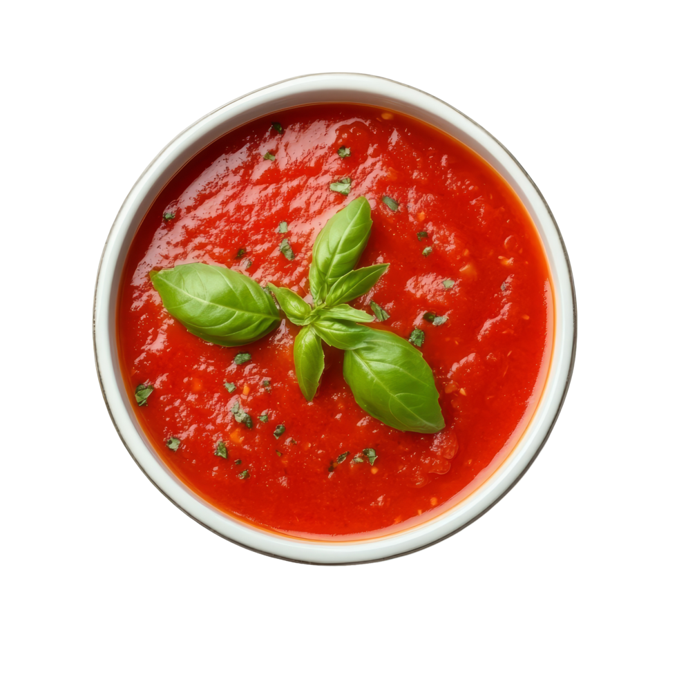 Delicious tomato sauce garnished with fresh basil in a bowl isolated on a transparent background for culinary inspiration, Tomato sauce in a bowl isolated on transparent background png