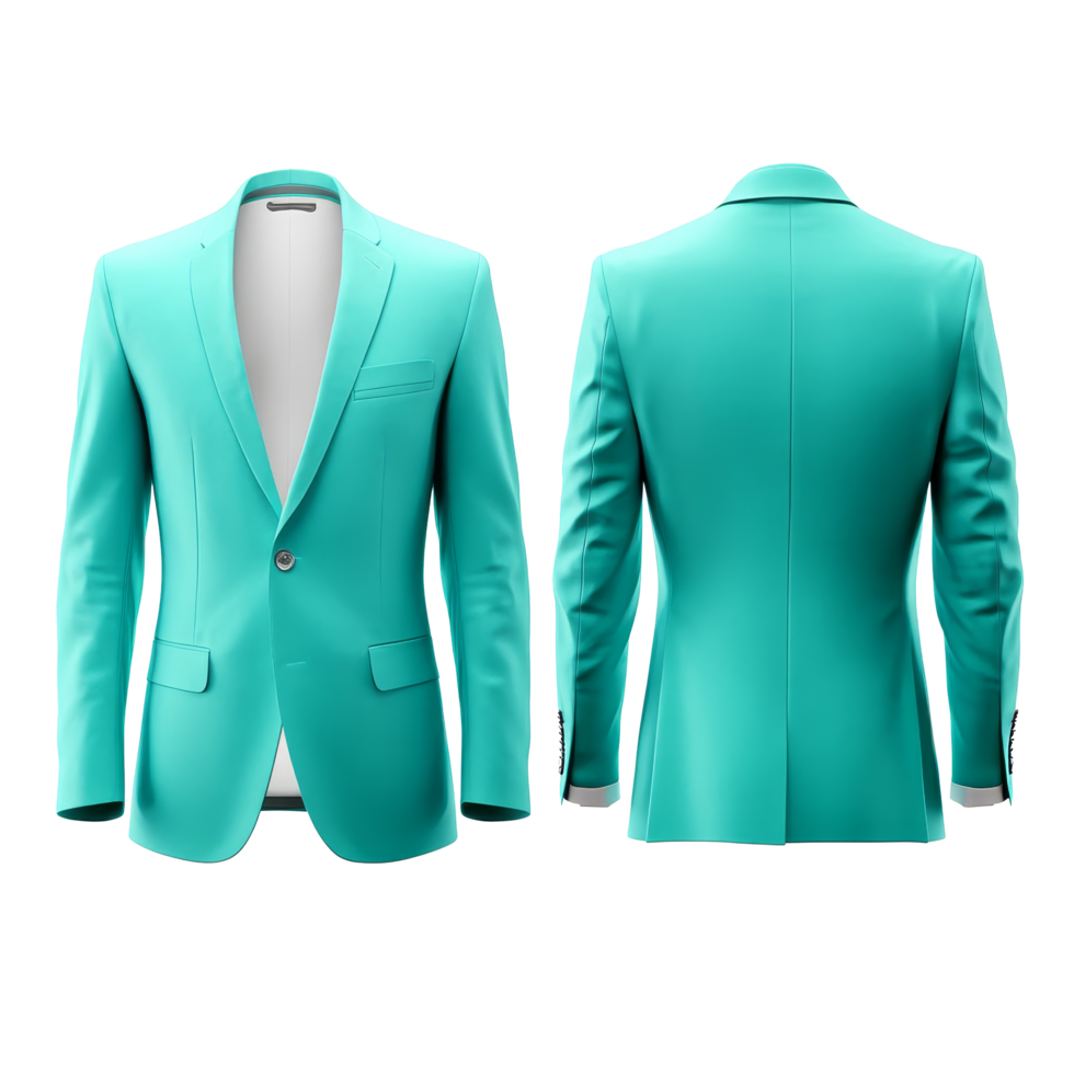 Elegant turquoise suit jacket mockup showcasing front and back views for fashion design presentations, Elegant Turquoise Suit Jacket Mockup from Front and Back Views on transparent background png