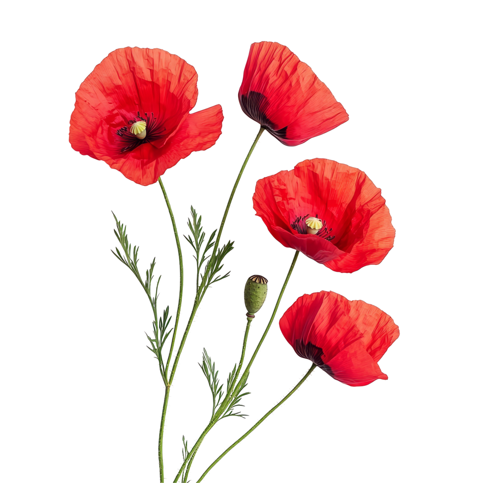 Bright red poppy flowers with green stems isolated on a transparent background for a fresh, vibrant look, poppy flowers isolated on transparent background png