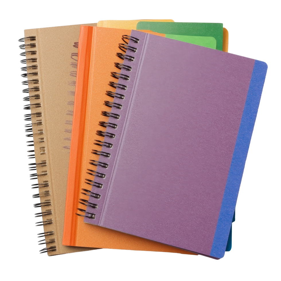 A collection of colorful spiral notebooks isolated on a transparent background for creative writing and notetaking, Spiral Notebooks Isolated on transparent background png
