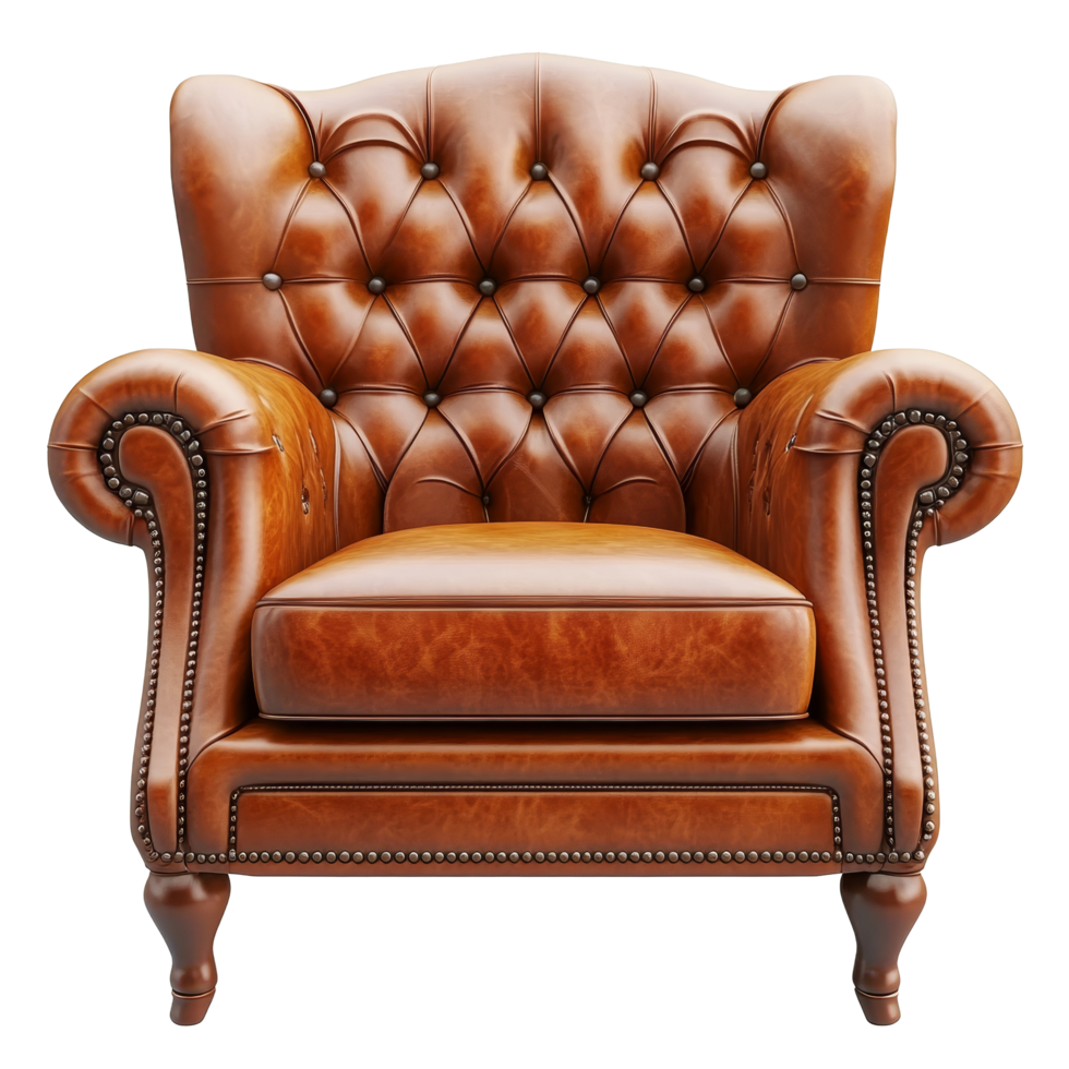 Elegant leather armchair showcasing classic design, perfect for stylish spaces, set against a clean transparent background, leather armchair isolated on transparent background png
