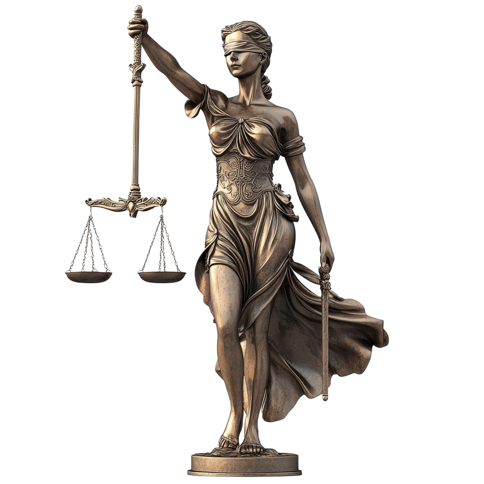 Lady Justice holding scales and a sword, representing fairness and impartiality against a clean transparent background, Lady Justice on transparent background png