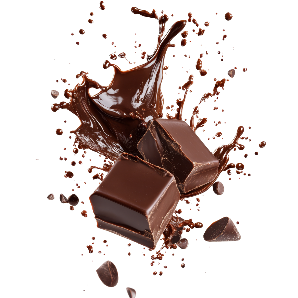 Chocolate splash with cubes isolated on a transparent background, creating a dynamic and appetizing scene, Chocolate Splash Isolated on transparent background png