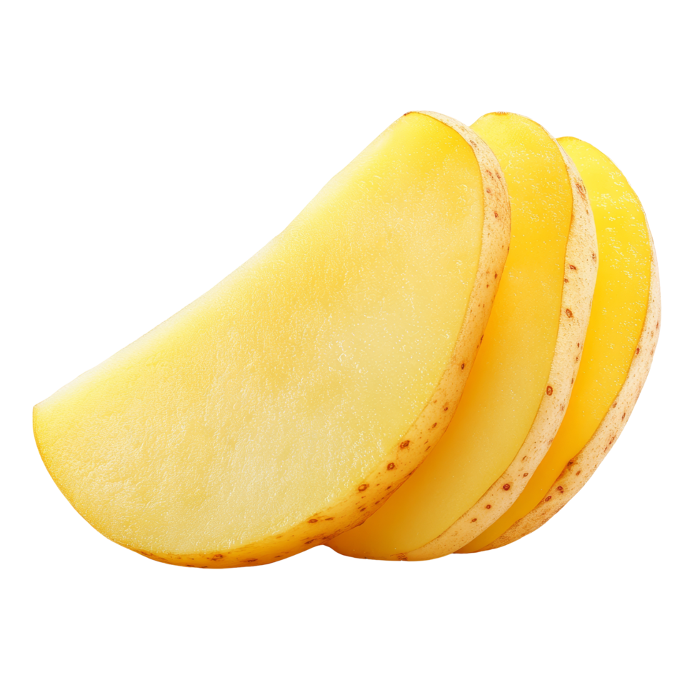 Fresh potato slices layered in a stack isolated on a clean transparent background for culinary use, potato slice isolated on transparent background png