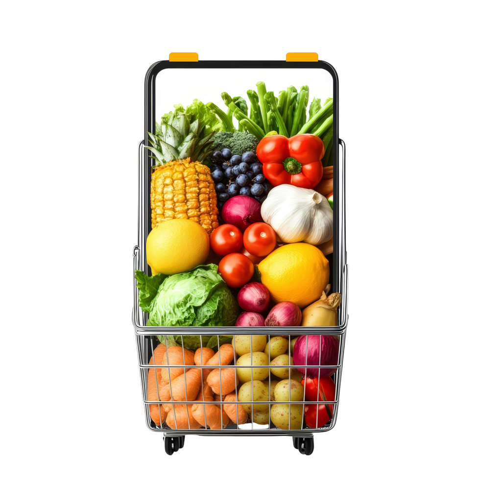 Online grocery shopping with a cart full of fresh fruits and vegetables for healthy living, file no background Online grocery shopping and food delivery app png