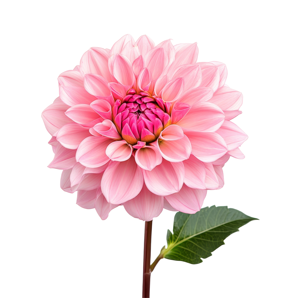 A vibrant pink dahlia flower with lush petals and a green leaf, standing alone against a bright transparent background, pink dahlia isolated on transparent png