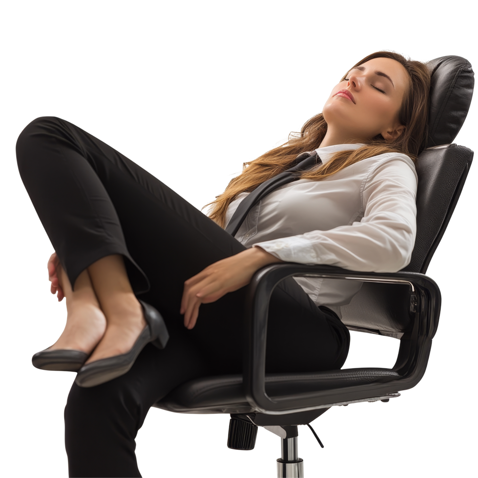 Businesswoman falling asleep at her desk chair during a long workday in a modern office setting, Businesswoman falling asleep on a chair file no background png