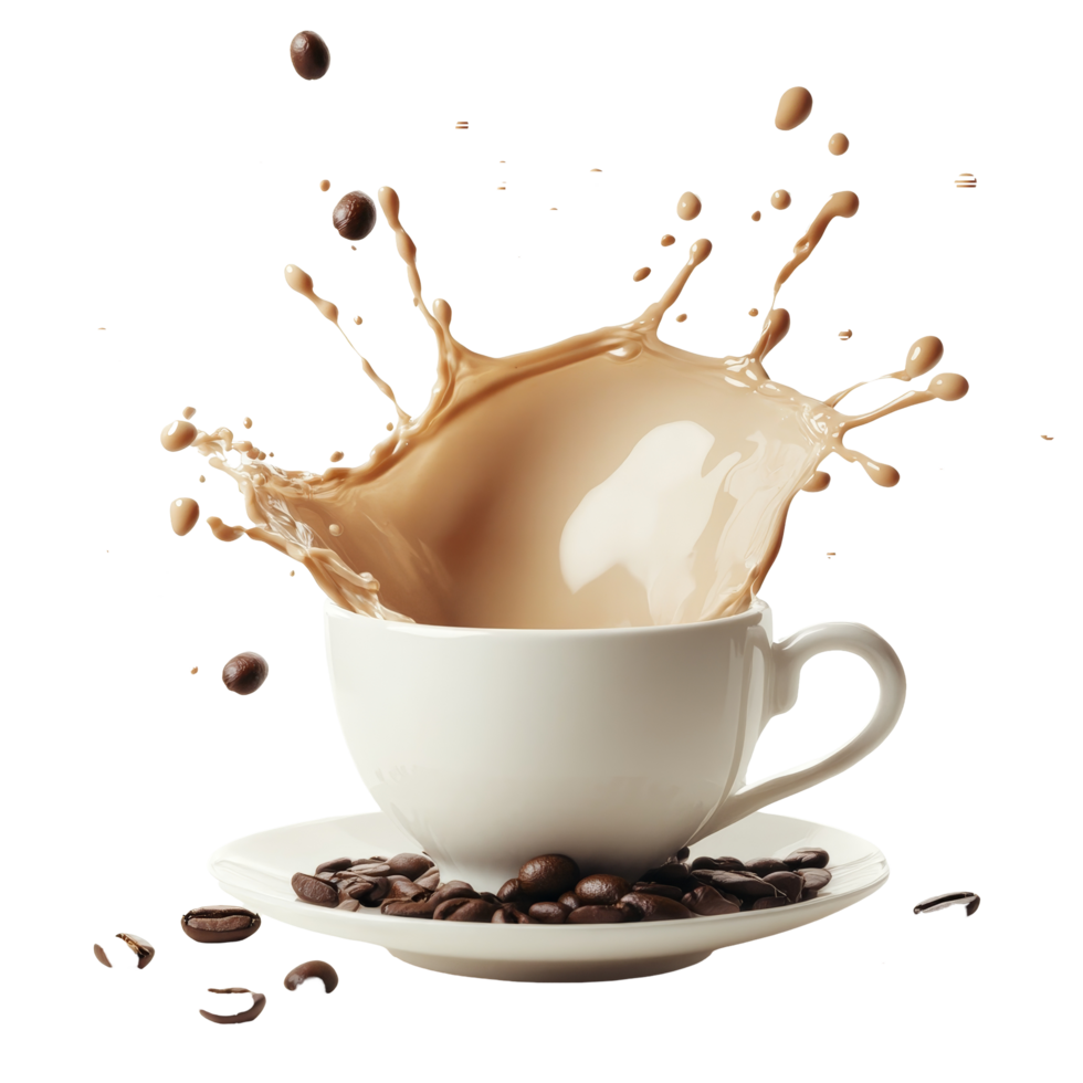 Milk coffee splashes dramatically in a transparent cup surrounded by coffee beans against a plain background, Milk coffee splashing with coffee beans isolated png