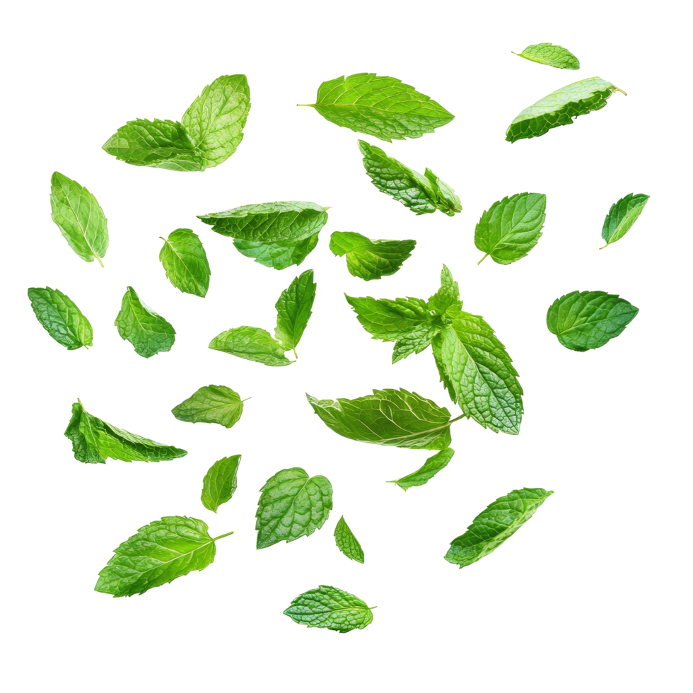 Fresh mint leaves flying in the air, creating a lively and vibrant display against a transparent background, flying fresh mint leaves isolated png