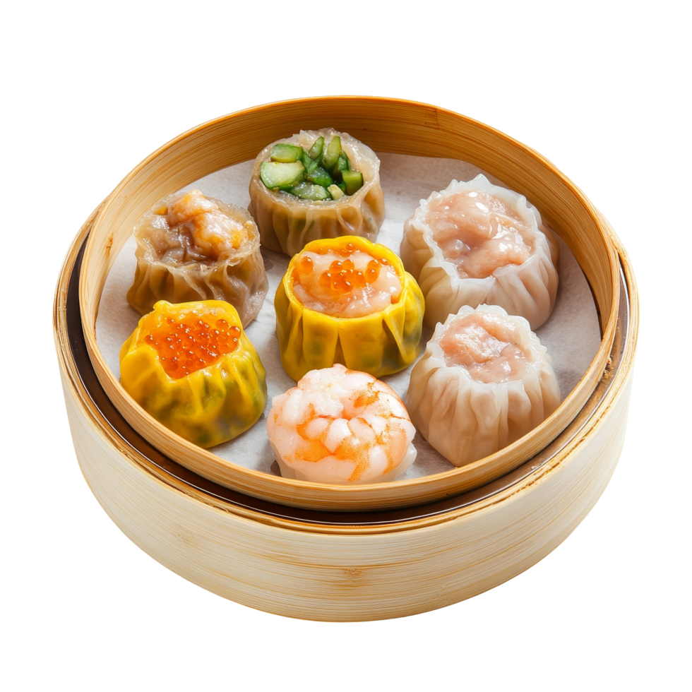 A steaming dim sum basket filled with assorted dumplings on a clean transparent background, dim sum basket on transparent backgroundfile png