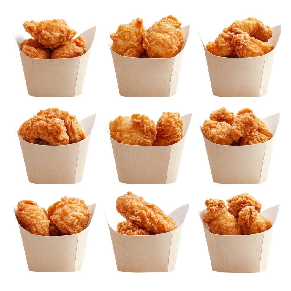A delightful collection of crispy fried chicken stacked in paper containers, ready to be served at a casual gathering, Fried Chicken in paper bucket isolated on transparent background png