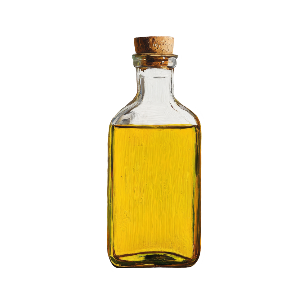 A glass oil bottle filled with golden liquid and a cork stopper against a clean transparent background, Oil bottle on transparent background png