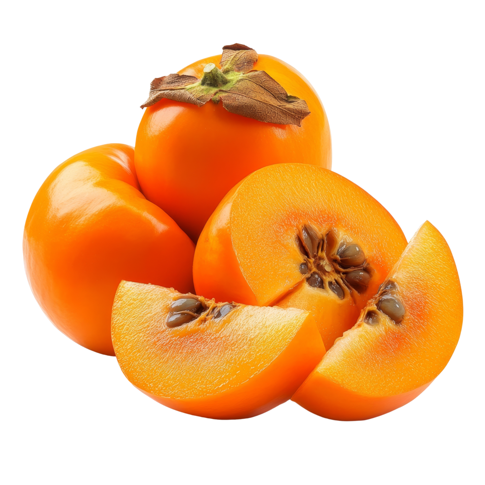 Freshly sliced ripe persimmons with whole fruits on a clean transparent background showcasing their vibrant color, slice ripe persimmons isolated on transparent background png