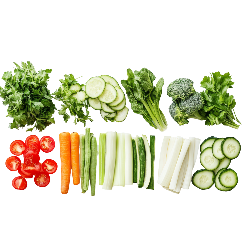 A colorful array of freshly cut vegetables lined up on a transparent surface for meal preparation, Different types of cut vegetables in a line on a transparent background png