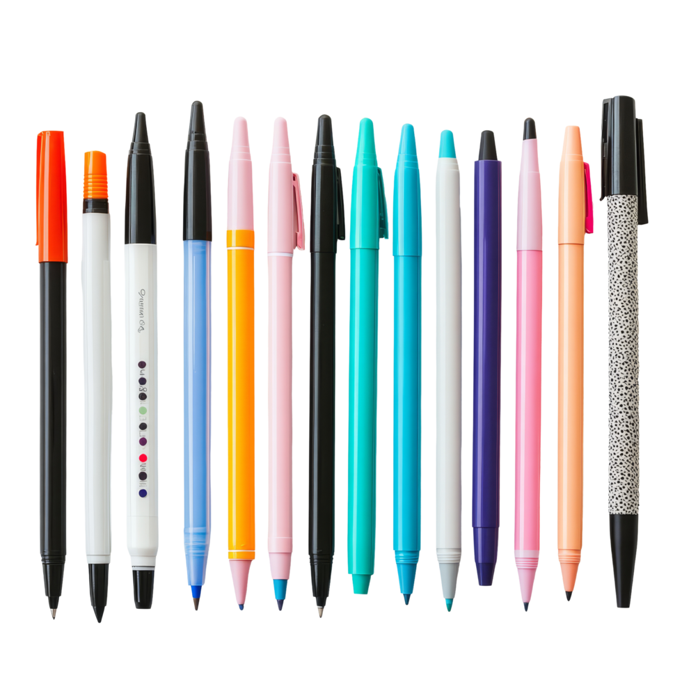 Colorful assortment of pens and markers arranged neatly in a row, showcasing a vibrant palette for creative, colorful pens and markers laid out side by sideisolated on transparent background png