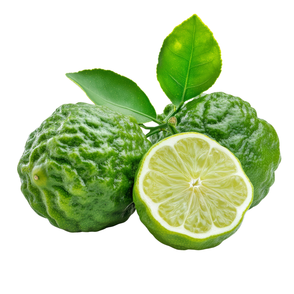 Fresh bergamot citrus fruit with vibrant green leaves on a clean transparent background for culinary use, bergamot isolated on transparent background png