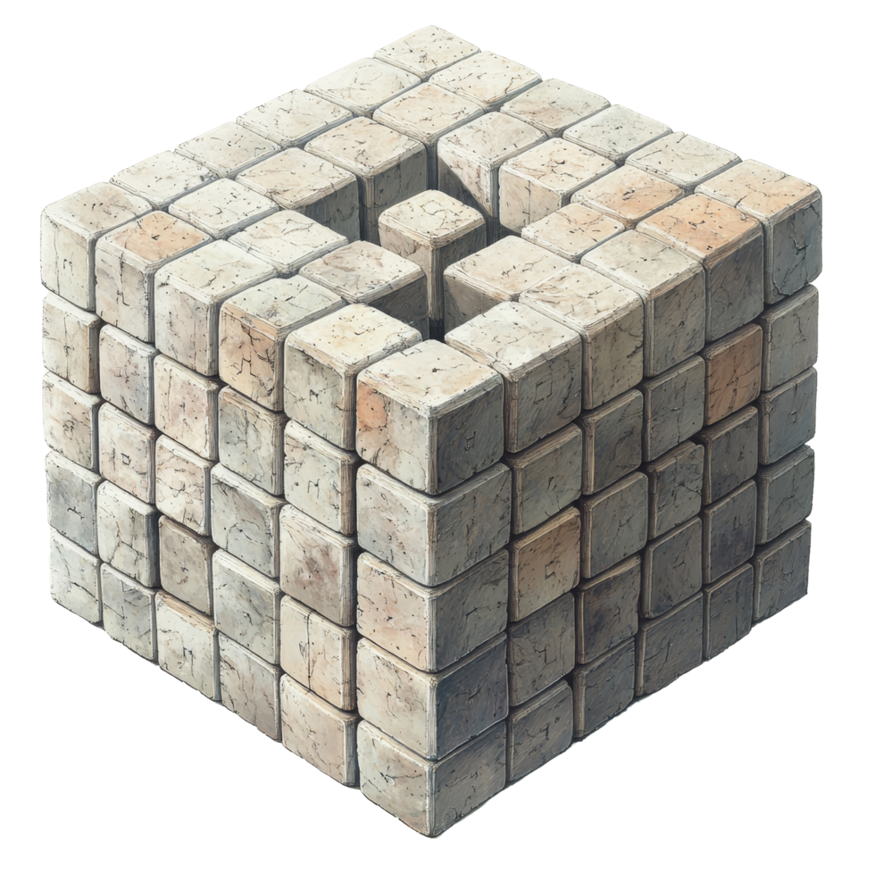 A large block meticulously dismantles into smaller cubes on a light background, showcasing structural transformation, Large block dismantles in to small cube Stock Illustration png