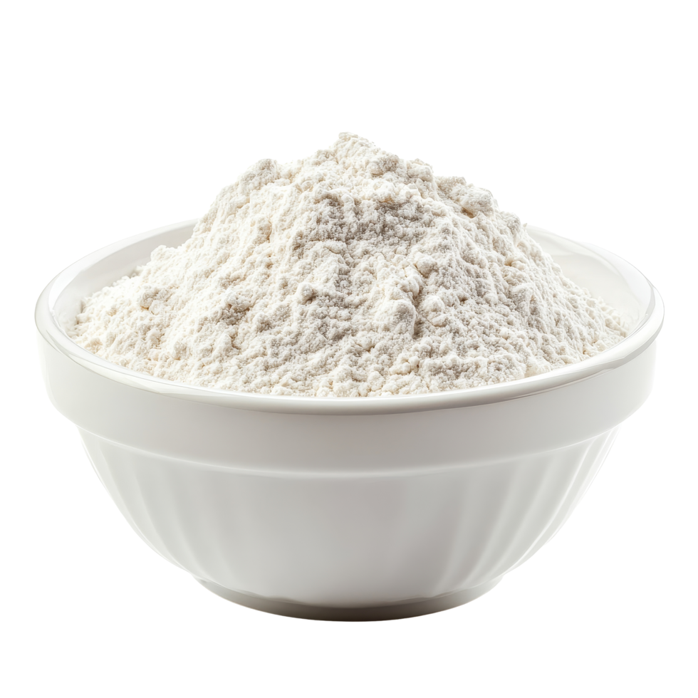 Flour piled high in a transparent bowl against a clean transparent background for culinary use and recipe preparations, flour in transparent bowl isolated on transparent background png