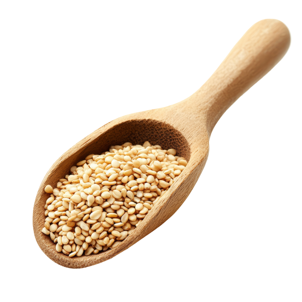 Fresh sesame seeds in a wooden scoop on a clean transparent background ready for cooking or baking, sesame in scoop on transparent background png