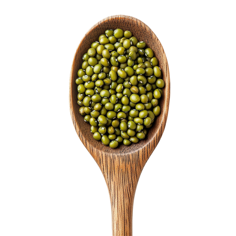Fresh mung beans in a wooden spoon displayed against a clean, transparent background for culinary inspiration, Mung beans in wood spoon isolated on transparent background png