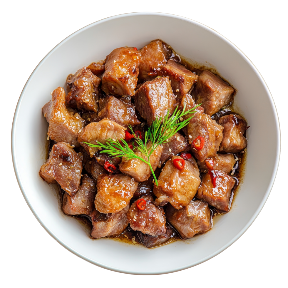 Delicious boiled meat dish served in a bowl with herbs and spices, perfect for any mealtime gathering, Dish made of boiled meat top view isolated on transparent background png