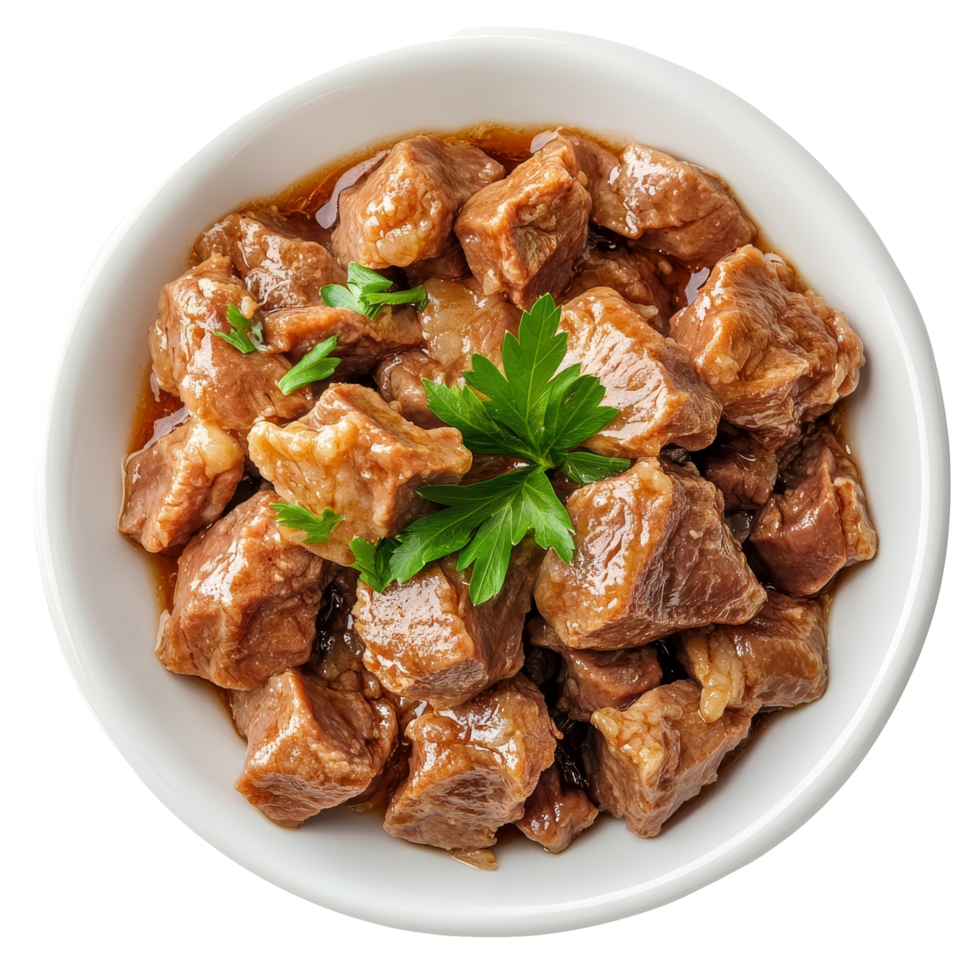 A delicious serving of boiled meat garnished with fresh parsley in a transparent bowl on a transparent background, Dish made of boiled meat top view isolated on transparent background png