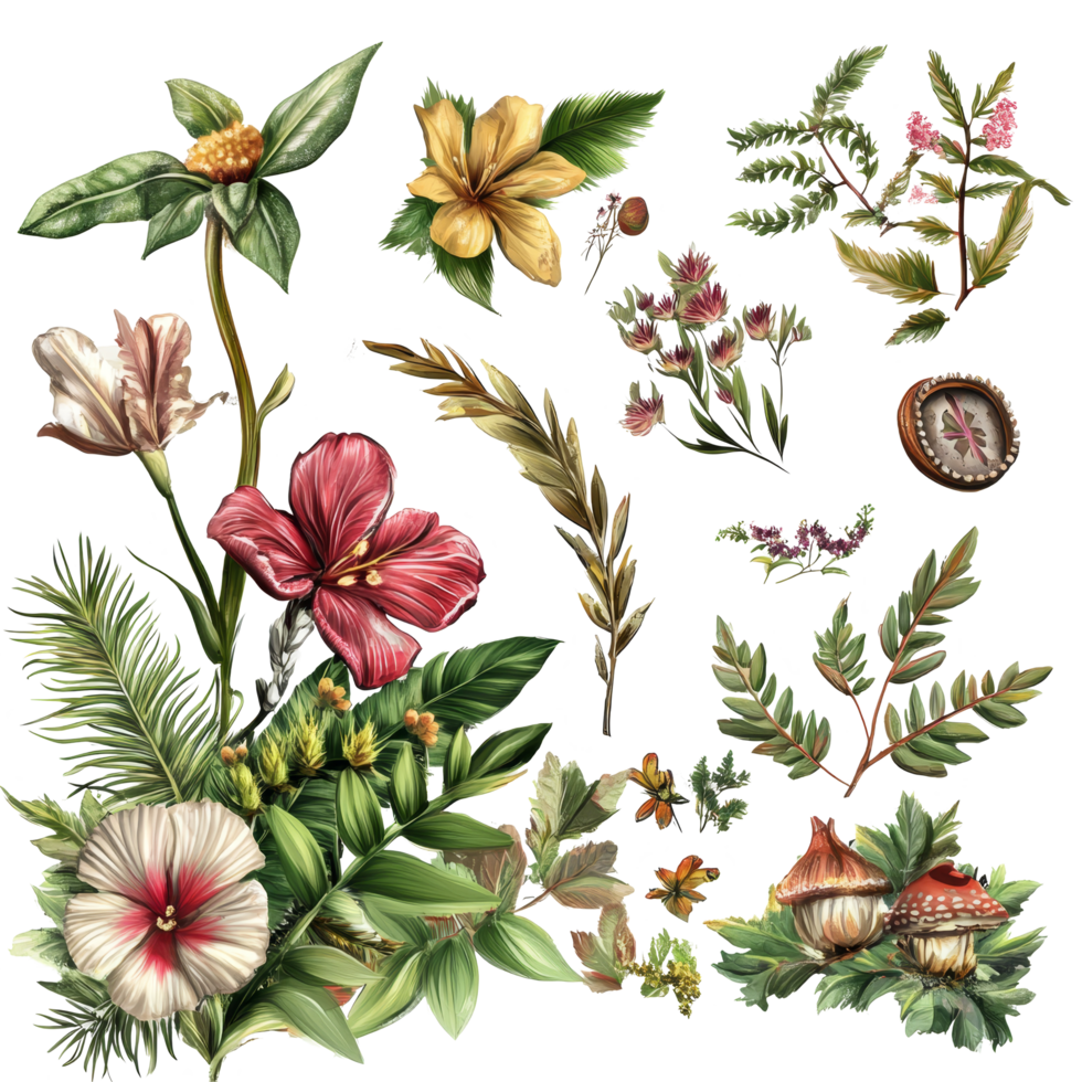 A colorful collection of botanical illustrations with flowers, leaves, and natural elements on a transparent background, Stunning natural elements on transparent background or transparent background png