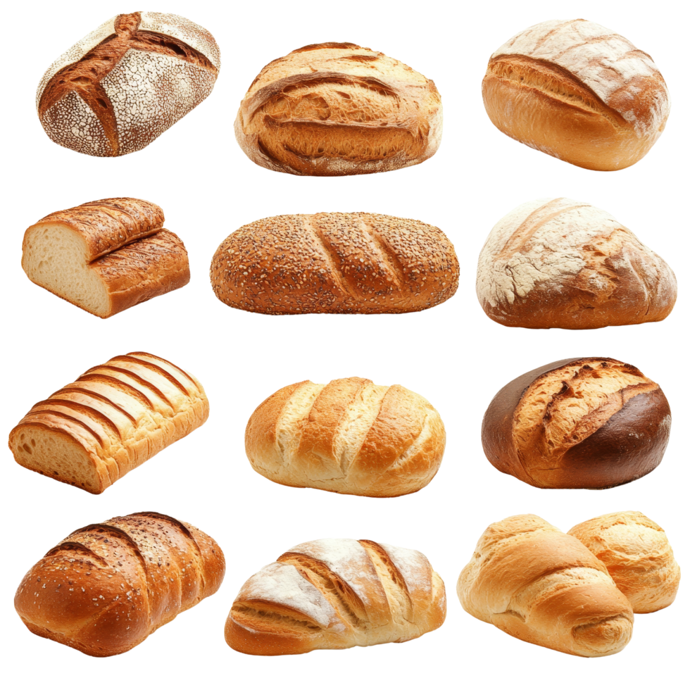 A variety of freshly baked artisan breads on a transparent background showcasing unique textures and shapes, Delicious different sort of bread, bakery on transparent background png