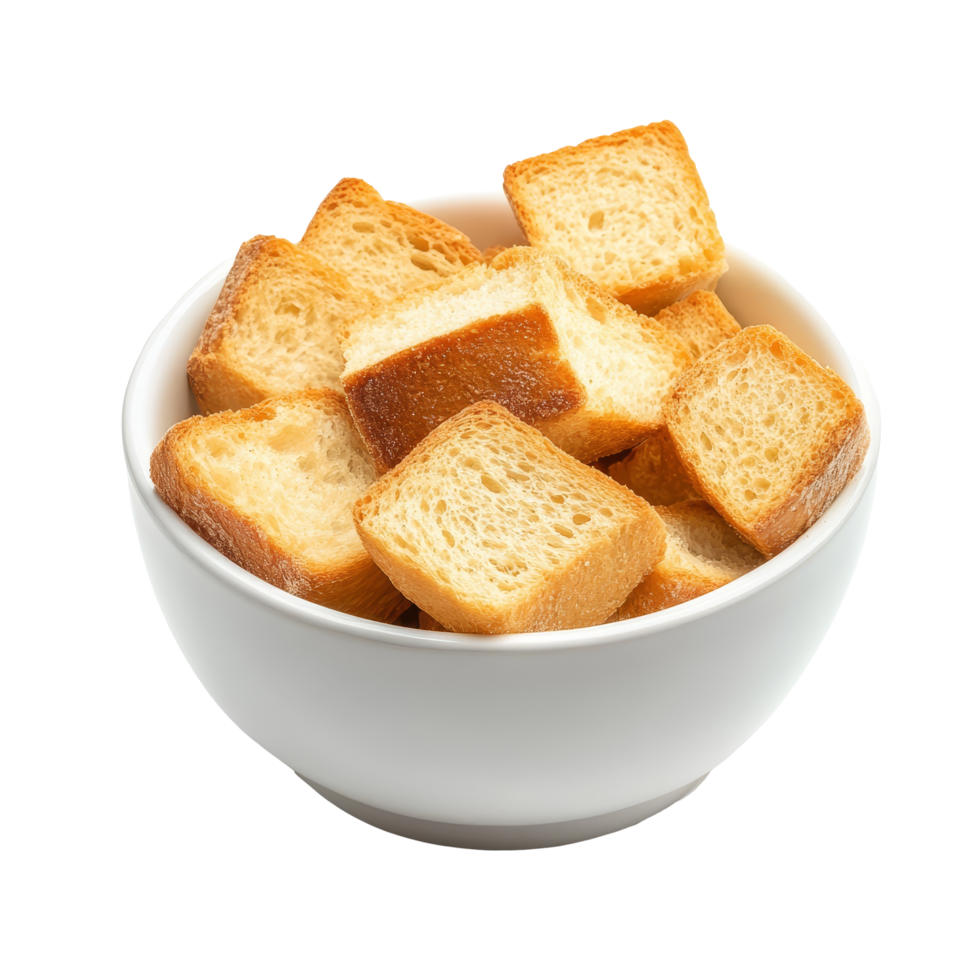 Crispy bread cubes piled high in a classic transparent bowl on a clean transparent background highlighting their delicious texture, crispy bread in transparent bowl on transparent background png