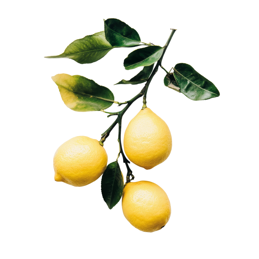 Fresh lemons on a branch against a clean transparent background with subtle highlights, Branch with Fresh Lemons on transparent background png