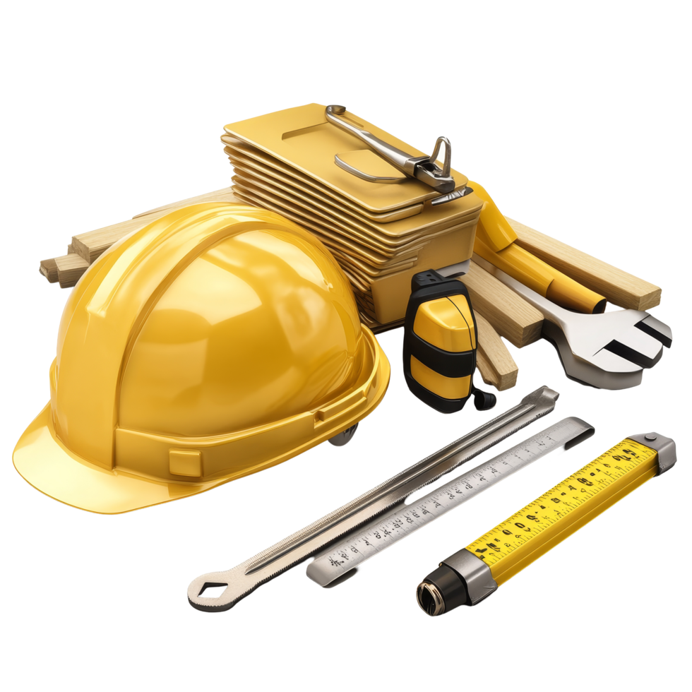 Construction tools and safety helmet arranged on a surface in workshop setting showcasing essential equipment for site operations, Construction tools with safety helmet png