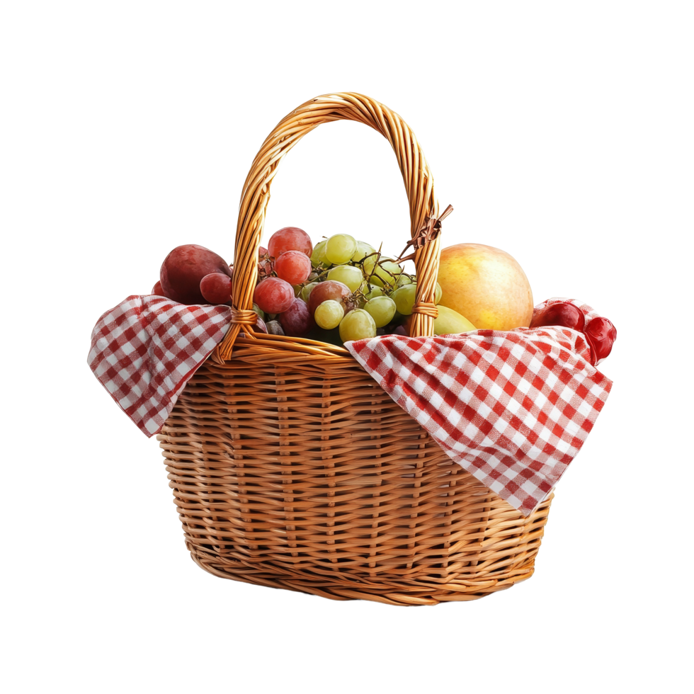 A filled picnic basket with fresh fruits on a transparent background ready for outdoor dining and enjoyment, Picnic basket isolated on transparent background png