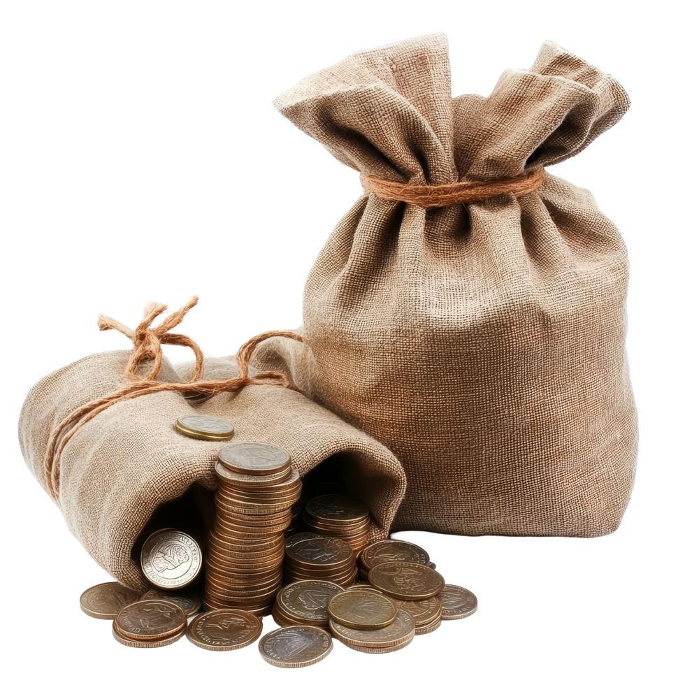 Money bags overflowing with coins on a clean transparent background illustrating wealth accumulation and financial growth, Wealth Accumulation Money Bags and Coins on transparent background png