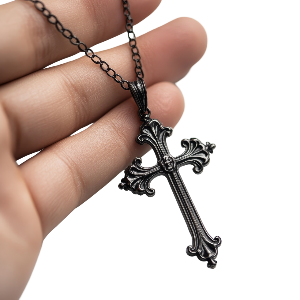 Hand holding a decorative Christian cross necklace against a clean transparent background, Hand Holding a Christian Cross Necklace on transparent background png