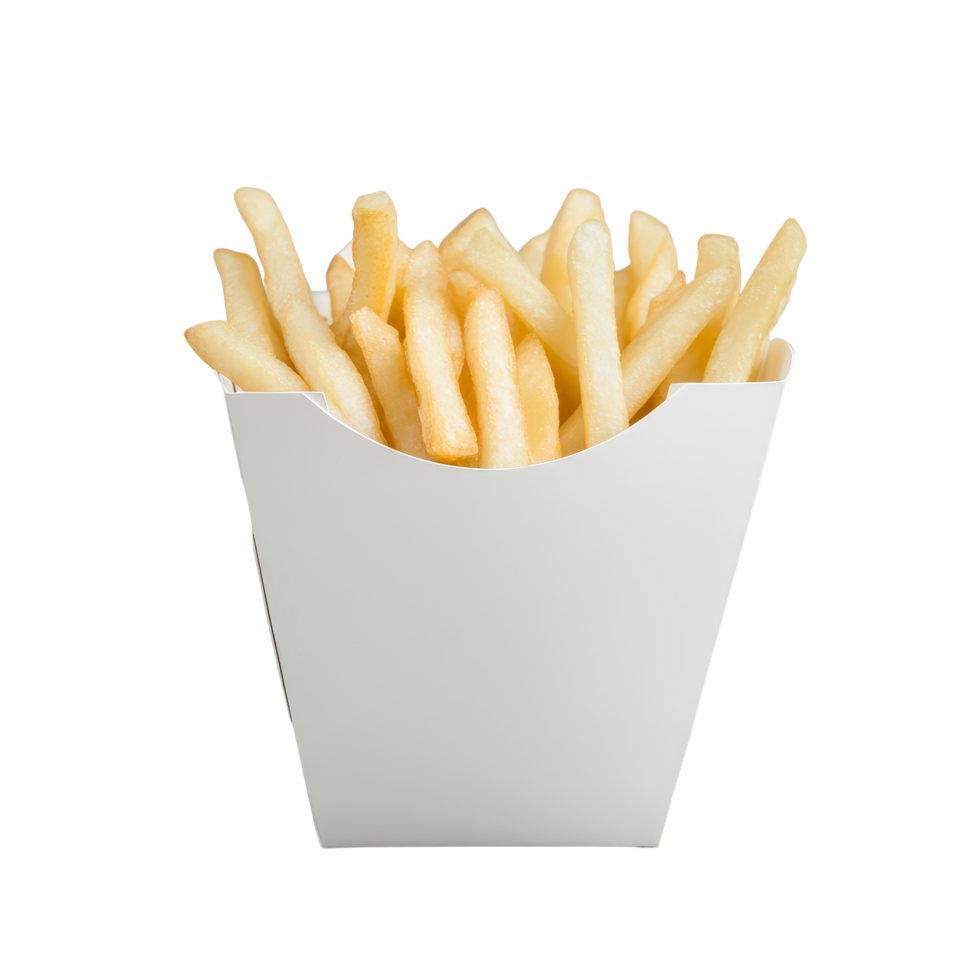 A classic transparent paper box filled with crispy golden french fries on a neutral background, transparent paper box for french fries png