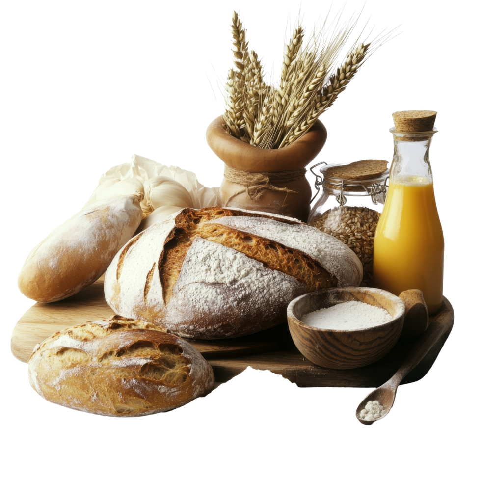 Freshly baked bread and natural ingredients on a wooden table in a cozy kitchen setting, Bread and others ingredient png