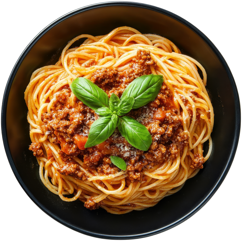 Delicious spaghetti bolognese served in a black bowl, garnished with fresh basil, captured from above, of Pasta spaghetti bolognese on black bowlTop View isolated on solid transparent background png