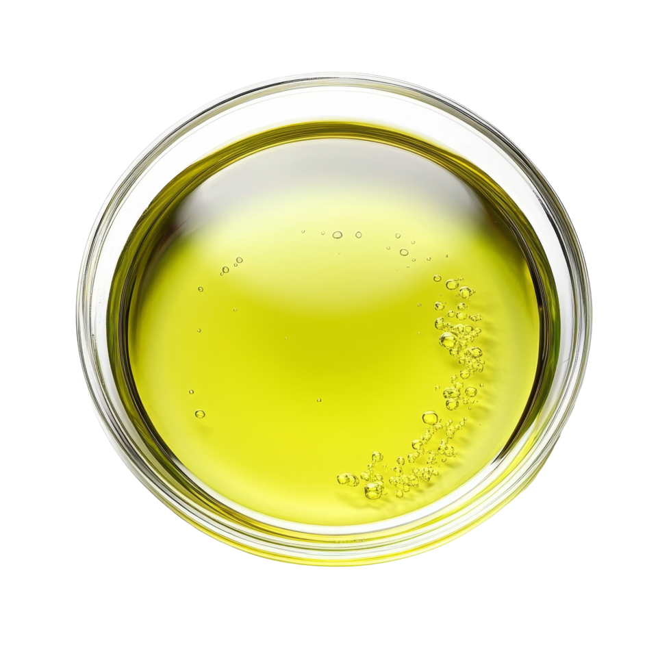 Fresh green olives with olive oil on a petri dish against a clean transparent background, Green olive and oil on petri dish over transparent background png