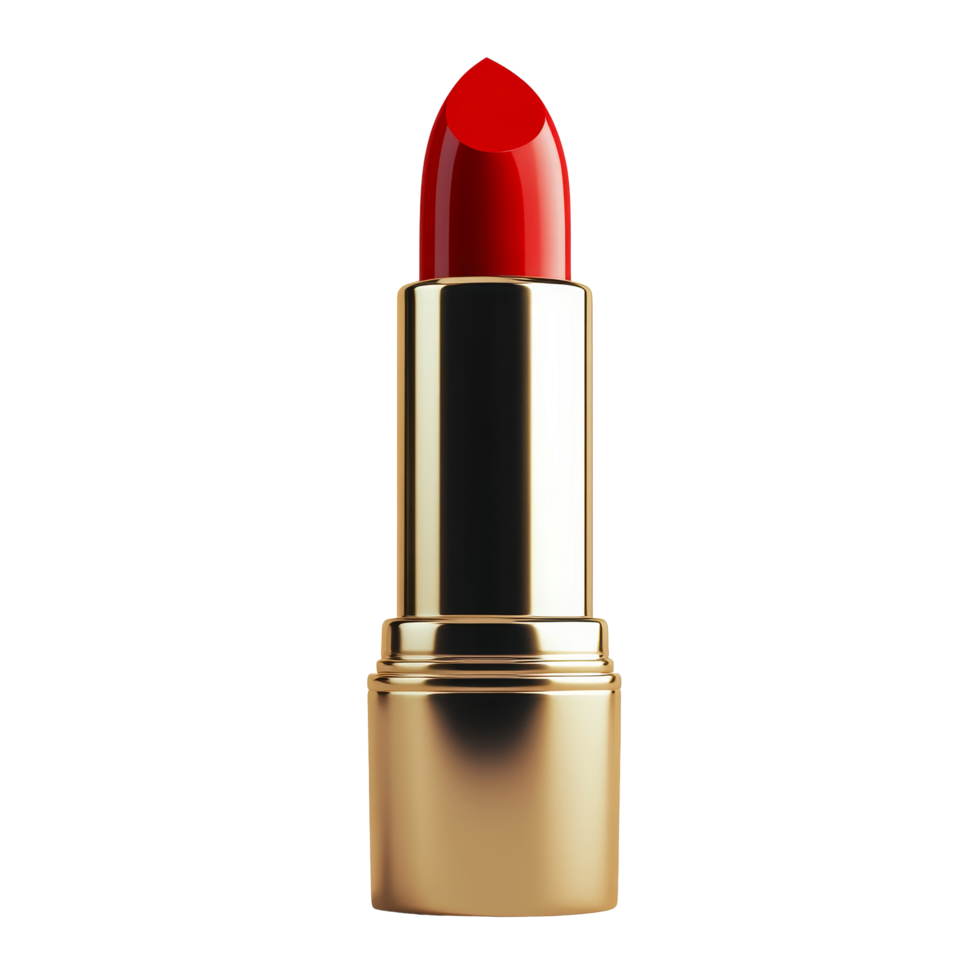 Bright red lipstick in a sleek gold tube on a clean transparent background showcases beauty essentials for makeup lovers, Red lipstick isolated on transparent background, 3D render. png