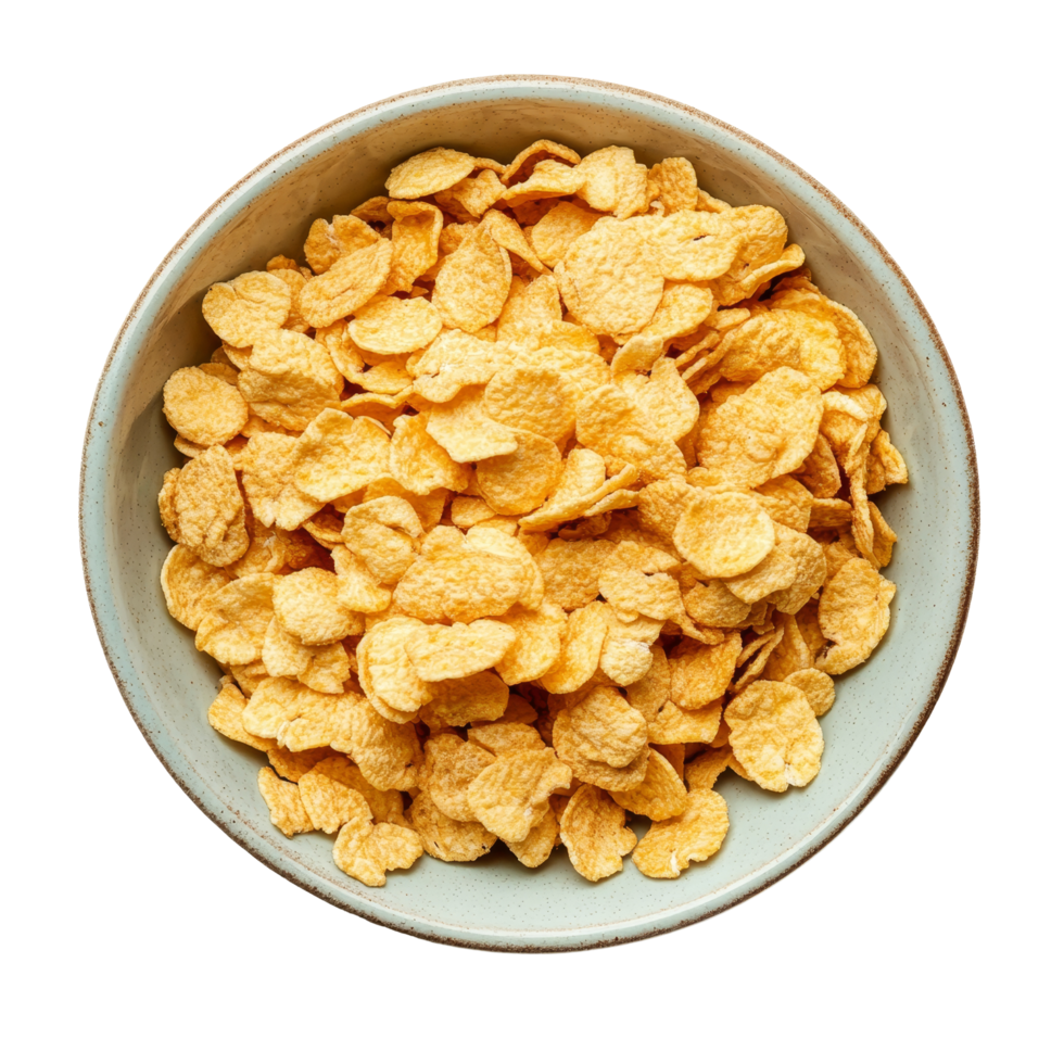 A bowl of corn flakes rests on a transparent background showcasing a simple and classic breakfast option perfect for any meal, corn flakes in a bowl on transparent background png