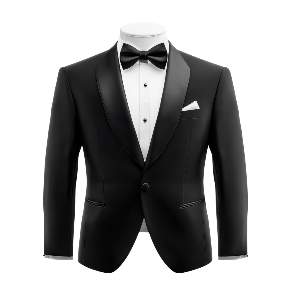 Elegant black tuxedo suit on a transparent background for formal wear mockup display, black tuxedo suit for mockup,isolated transparent background png