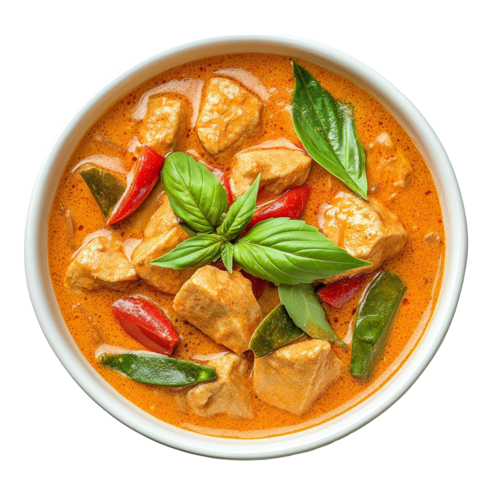 Delicious Panaeng curry with chicken, bell peppers, and fresh basil served in a transparent bowl on a clean background, Panaeng curry is a type of Thai curry on transparent background png