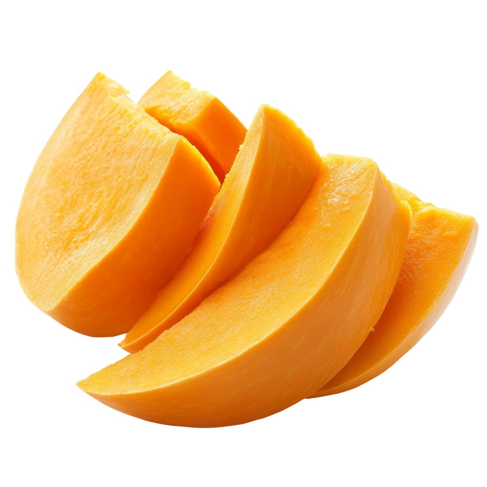Sliced pumpkin pieces showing bright orange flesh isolated on a clean transparent background for culinary use, Sliced pumpkin isolated on transparent background png