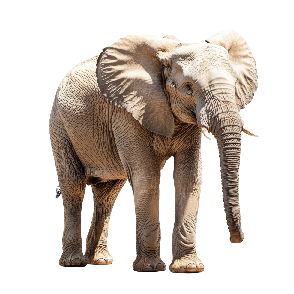 An adult elephant standing gracefully on a transparent background, showcasing its majestic features and characteristics, of elephant isolated on transparent background png